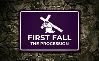 Jesus kneeling beneath the weight of the cross on a purple sign reading “First Fall · The Procession”.