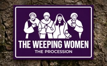 Four women mourning on a purple sign reading “The Weeping Women · The Procession”.