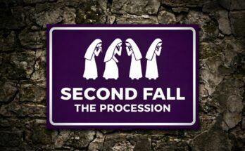 Four bowed figures in white cloaks on a purple sign reading “Second Fall · The Procession”.