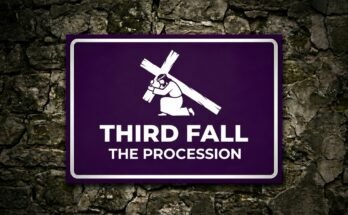 Jesus kneeling beneath the weight of the cross on a purple sign reading “Third Fall · The Procession”.