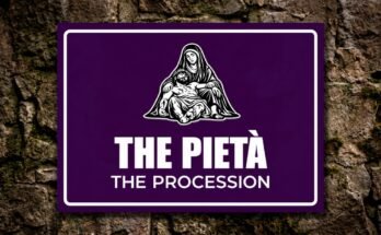 Mary holding the body of Jesus on a purple sign reading “The Pietà · The Procession”.