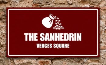 White bag spilling coins on a red sign reading “The Sanhedrin · Verges Square”.