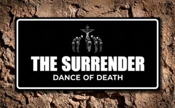 Skeletons bowing before the crucified Christ on a black plaque reading “The Surrender · Dance of Death”.