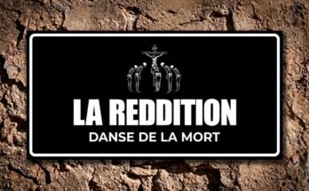 Squelettes inclinés devant le Christ en croix sur une plaque noire «La Reddition · Danse de la Mort».