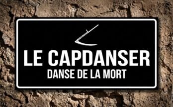Faux blanche portant l'inscription «Nemini Parco» sur une plaque noire «Le Capdanser · Danse de la Mort».