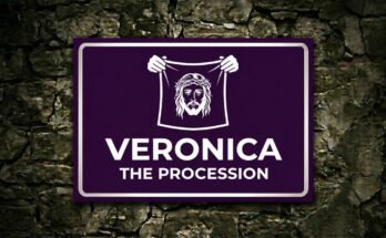 Face of Jesus on a veil held by two hands on a purple sign reading “Veronica · The Procession”.