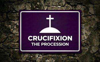 White cross on a stylized hill on a purple sign reading “Crucifixion · The Procession”.
