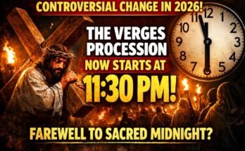 Jesus carrying the cross beside a clock and the new 11:30 PM start time.