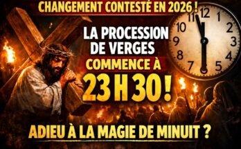Jésus portant la croix, une horloge et le nouvel horaire de 23 h 30.