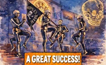 Four dancing skeletons above an orange banner reading “A Great Success!”.