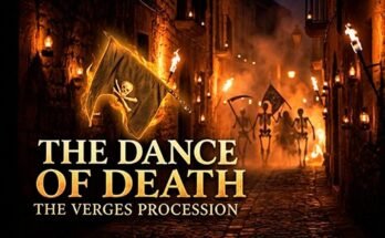 Skeletons in the torchlit Dance of Death procession, with the title in English.
