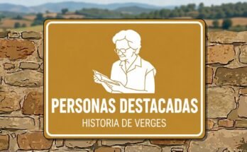 Silueta blanca de una persona mayor leyendo en un cartel ocre con el texto «Personas destacadas · Historia de Verges».