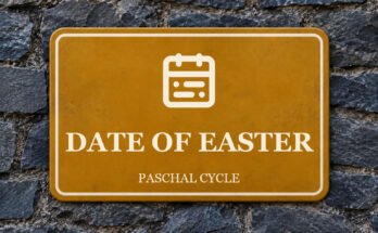 Ochre sign on a slate wall with a pictogram and the words “DATE OF EASTER”.