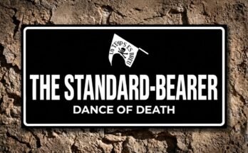 White flag with skull and “Lo Temps es Breu” motto on a black plaque reading “The Standard-Bearer · Dance of Death”.