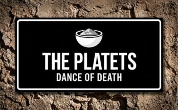 White bowl of ashes on a black plaque reading “The Platets · Dance of Death”.