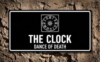 White clock face without hands on a black plaque reading “The Clock · Dance of Death”.