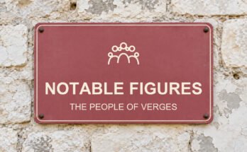 Dusty-rose sign on a limestone wall reading “NOTABLE FIGURES”, with a pictogram.