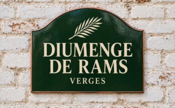 Rètol verd arquejat amb «DIUMENGE DE RAMS» i una branca de palma, sobre un mur de maó emblanquinat.